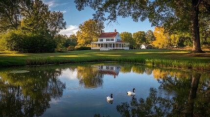 Historic white mansion reflected in a calm pond with autumn trees