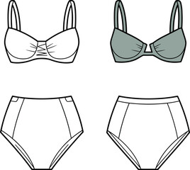 CAD drawing flat vector illustration of women lingerie bra and panty, front and back fashion sketch, undergarment design template