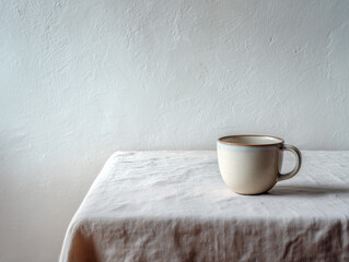 Obraz premium 미니멀한 테이블 위 도자기 머그잔과 고요한 공간