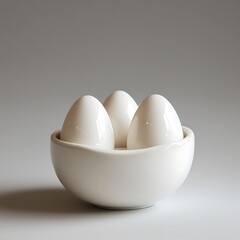 Three white eggs in a simple ceramic bowl on a light gray background