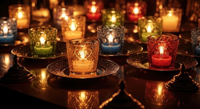 Warm Glow of Colorful Candle Holders Creating a Festive Ambiance - Powered by Adobe
