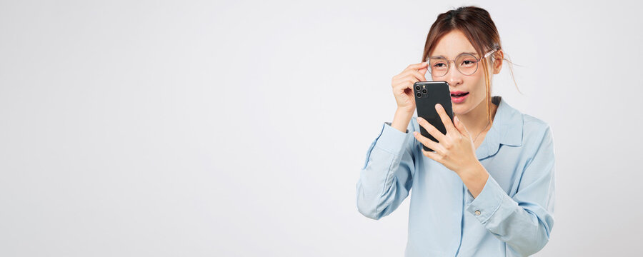 Vision and sight loss make phone screen blurred hard to read text message, woman with glasses, vision affected by problem in looking and bad focus. isolated studio white background
