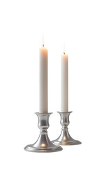 Two lit candles in elegant silver holders, isolated on transparent background. Ideal for romantic, ceremonial, spiritual, or decorative design elements.