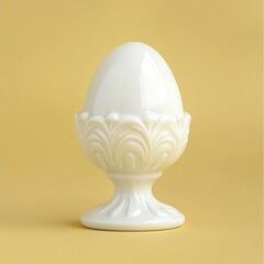 Elegant white ornate egg on a pedestal against a soft yellow background