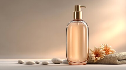 Luxurious golden pump bottle with peach liquid and spa elements