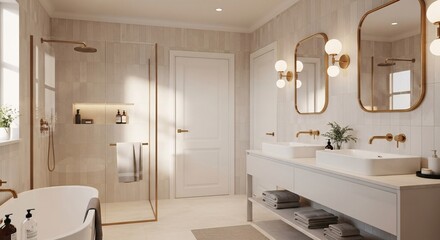 Modern bathroom design with white vanity double sinks and walk in shower with gold fixtures and neutral tile
