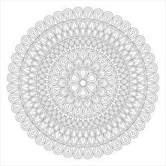 A detailed mandala design featuring intricate floral patterns and symmetrical shapes, suitable for coloring or artistic projects.