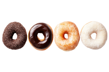 Four glazed donuts arranged horizontally.  Top view of assorted donut flavors, including chocolate, chocolate-glazed, vanilla-glazed, and powdered sugar