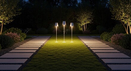 Garden lighting ideas outdoor landscape lighting design with modern path lights and lawn lamps at night
