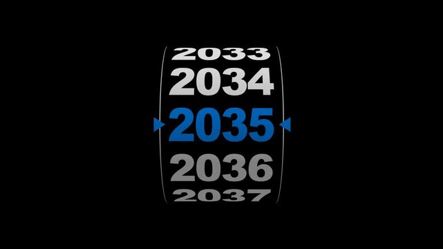 Vertical cylinder timeline animation showing yearly scroll from 2025 to 2035. Perfect for strategic vision, future planning, and corporate presentations.