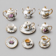 Collection of ornate porcelain teapots and teacups with floral designs
