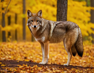 Obraz premium A coyote in nature during the fall. A natural forest background.