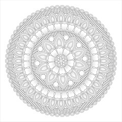 A detailed mandala design featuring intricate floral patterns and symmetrical shapes, suitable for coloring or artistic projects.