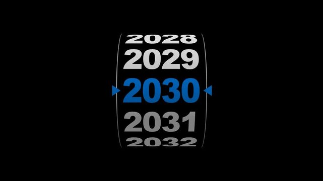 Futuristic vertical timeline animation with cylinder scroll effect from 2025 to 2030. Ideal for business roadmap, annual planning, or tech presentation.