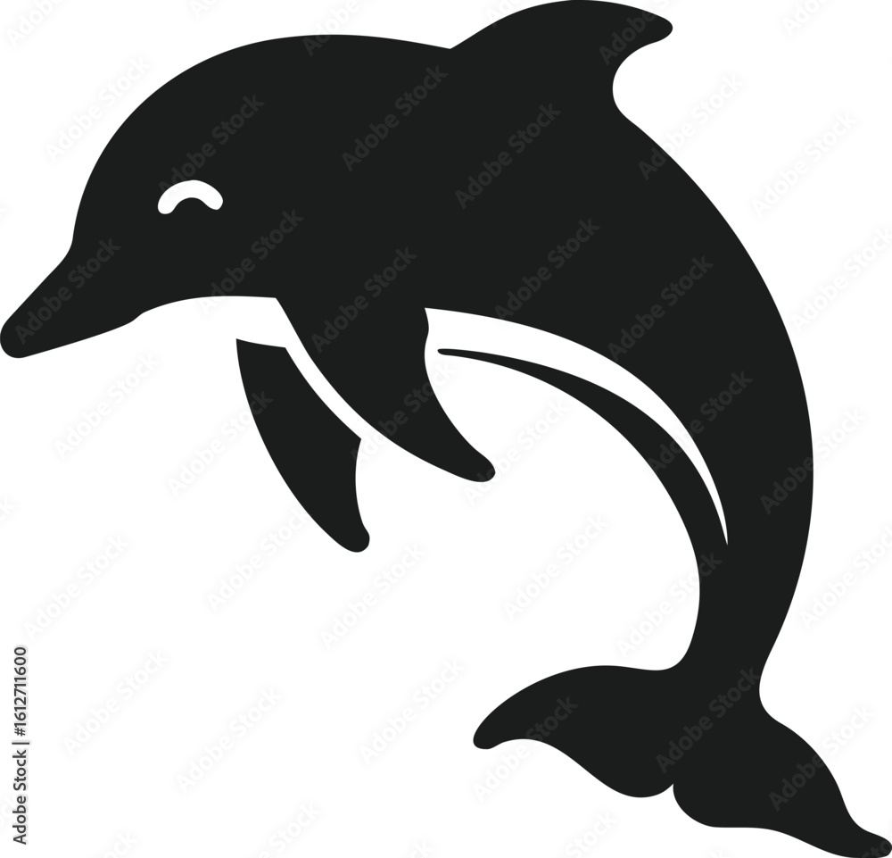 Poster dynamic silhouette of a jumping dolphin depicted in elegant black vector design with clean lines and