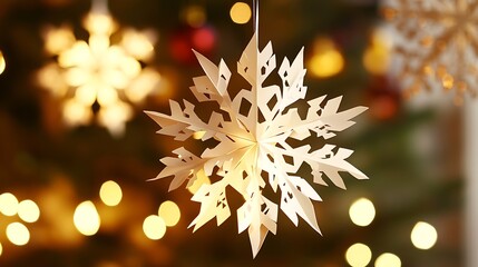 Decorative paper snowflake ornament hanging with blurred festive lights in the background