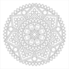 A detailed mandala design featuring intricate floral patterns and symmetrical shapes, suitable for coloring or artistic projects.
