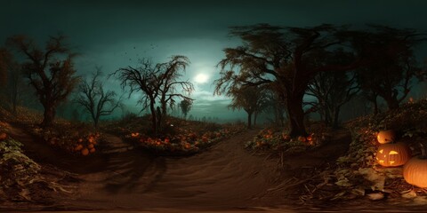 Haunting halloween night spooky forest hdr 360 degree panoramic view eerie atmosphere