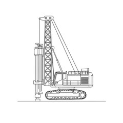 A line drawing depicts a piling rig, a heavy construction machine used to install piles into the ground, set against a clean, white background.