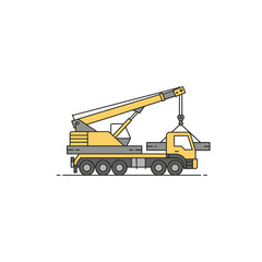 A yellow crane truck lifts a load of metal sheets against a plain white background, illustrated in a simple line art style, perfect for construction or industrial projects.