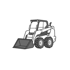 Naklejka premium A compact skid steer loader with a front bucket attachment is depicted in a clean line art illustration on a white background.