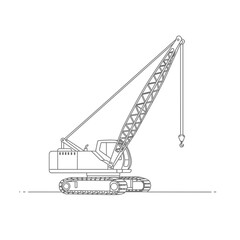 A detailed line drawing depicts a construction crane, featuring a long boom and a hook, set against a clean white background, ideal for industrial design and engineering concepts.