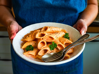 Woman holding plate with creamy tomato and stracciatella pennone rigato noodles, close-up