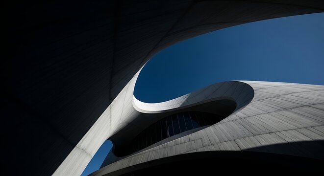 Conceptual low-angle view of modern architecture featuring flowing concrete curves and stark shadows against a clear blue sky.
