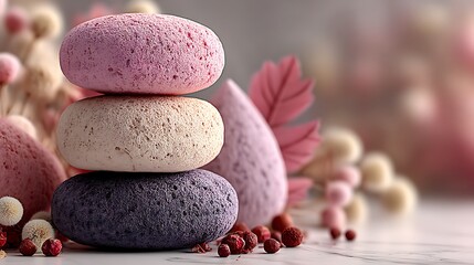 Stacked spa stones in pastel colors with soft floral background and dried botanicals