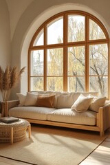 Arched windows and a beige sofa in an apartment, with a contemporary living room design capturing openness and light. Created with, Generative AI
