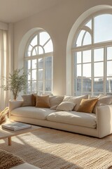 Arched windows and a beige sofa in an apartment, with a contemporary living room design capturing openness and light. Created with, Generative AI