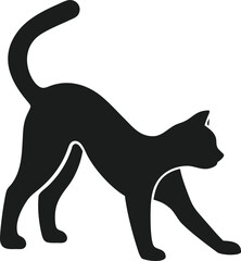 Black silhouette of a stretching cat with a curved tail, perfect design for animal lovers, vector illustration.