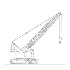 Detailed line drawing of a crawler crane with a long boom and hook, symbolizing construction and heavy machinery.