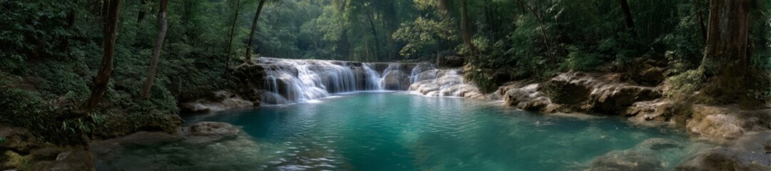 Fototapeta premium Majestic waterfall adventure tropical forest hdr panorama 360 degree view nature beauty