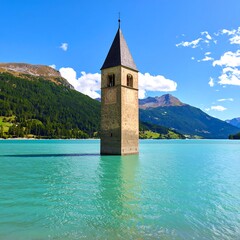 Alpine lake with submerged church tower