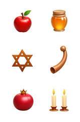 Set of Rosh Hashanah symbols including apple, honey jar, Star of David, shofar, pomegranate, and candle holder, isolated on white background. 3D icon-style illustrations.