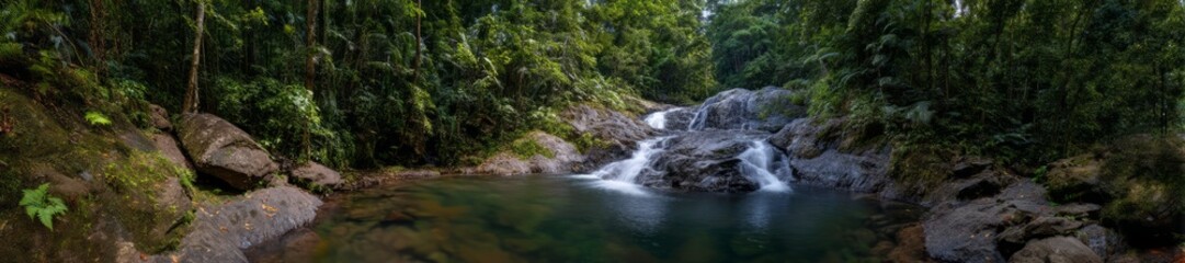 Fototapeta premium Serene waterfall action in lush nature hdr 360 degree panoramic view of tranquil environment