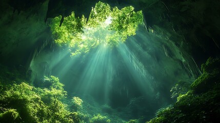 Sunlight beams through lush green jungle canopy illuminating the darkness