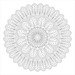 A detailed black and white mandala design featuring intricate floral patterns and symmetrical shapes, suitable for coloring or artistic projects.