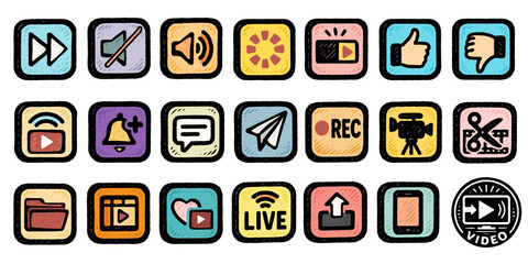 手描き風・動画アイコンセット(カラー)、Hand-drawn Video Icon Set(color)