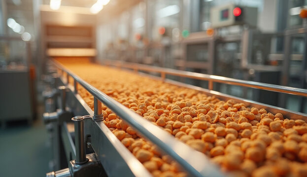 Pet food production line extruding and drying kibble under warm lighting in a clean, odorless factory. Suitable for illustrating modern pet food manufacturing and processing