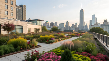 Fototapeta premium Urban rooftop garden oasis with city skyline views