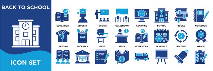 BACK TO SCHOOL icon collection set. Containing education,students,learning,classroom,school,books,notebook,uniform,supplies,backpack icon. dualtone vector.	
