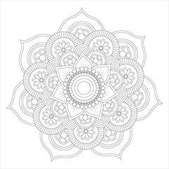 Fototapeta premium A detailed black and white mandala design featuring intricate floral patterns and symmetrical shapes, suitable for coloring or artistic projects.