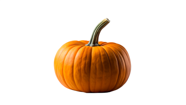 A single ripe orange pumpkin with a green stem, isolated on transparent background