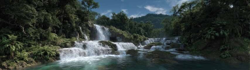 Fototapeta premium Stunning waterfall action in lush nature hdr panoramic 360 degrees viewpoint environment