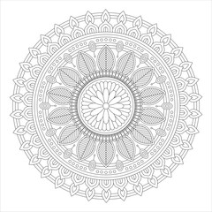 A detailed black and white mandala design featuring intricate floral patterns and leaf motifs, suitable for coloring or artistic projects.