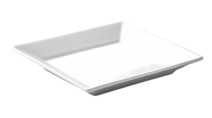 A close up of a square white empty ceramic plate isolated on transparent background