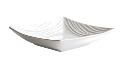 A close up of a square white empty ceramic plate isolated on transparent background