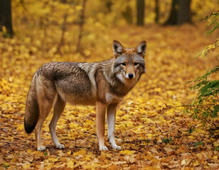 Fototapeta premium A coyote in nature during the fall. A natural forest background. wolf in the forest.